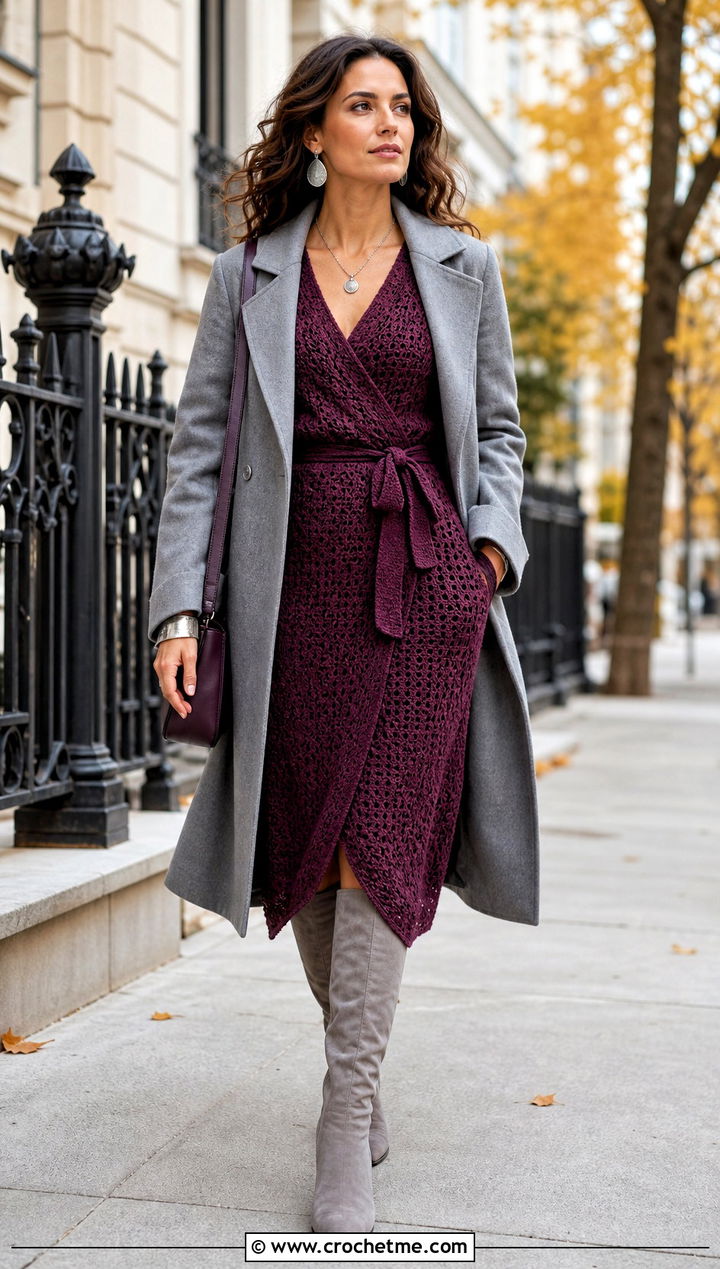Plum Wrap Crochet Midi Dress With Knee High Boots - 35 crochet barbie dress outfit ideas
