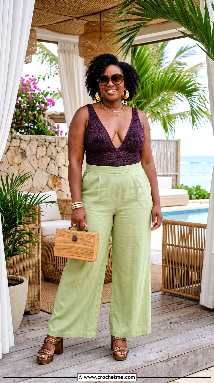 Plunge Crochet One Piece With Palazzo Pants - 15 tropical crochet swimwear outfit ideas