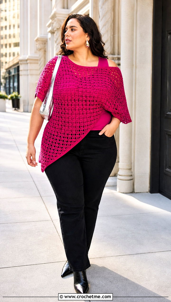 Plus Size Asymmetrical Crochet Top With Black Jeans - 25 Crochet Tops Plus Size outfit ideas