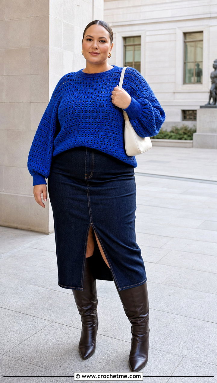 Plus Size Balloon Sleeve Crochet Sweater With Denim Midi Skirt - 30 plus size crochet sweater outfit ideas