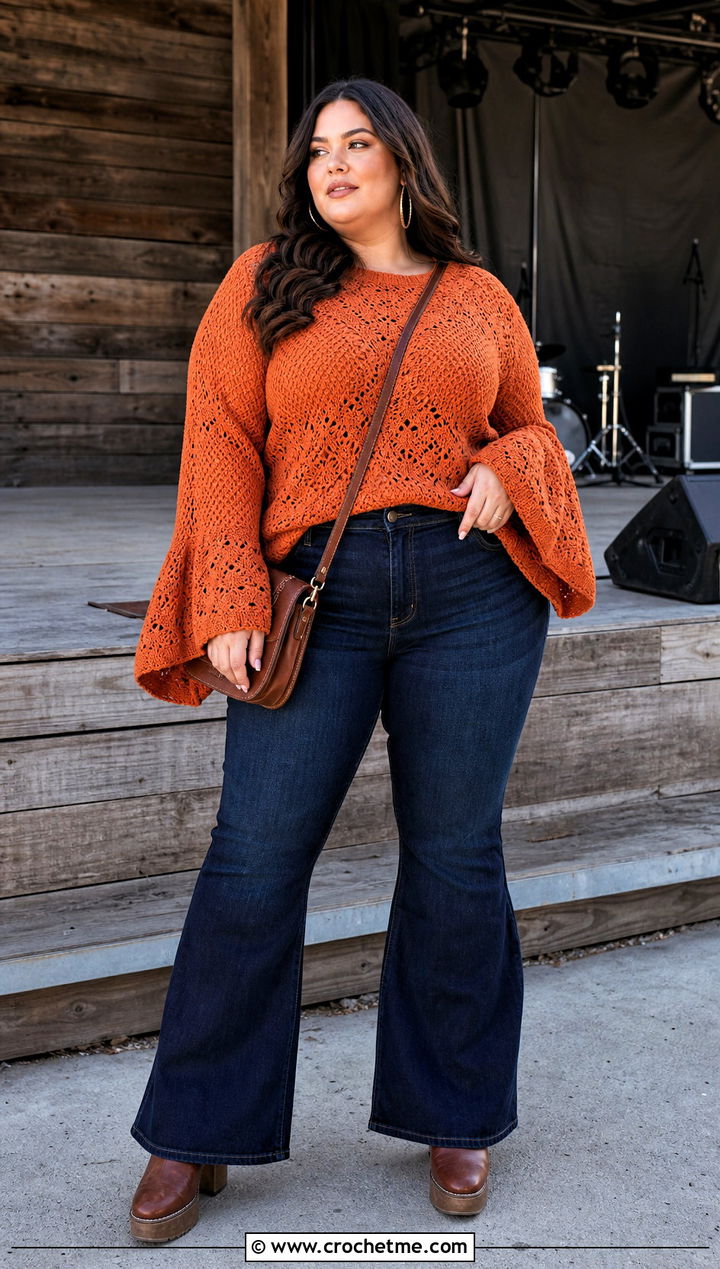 Plus Size Bell Sleeve Crochet Sweater With Flare Jeans - 30 plus size crochet sweater outfit ideas