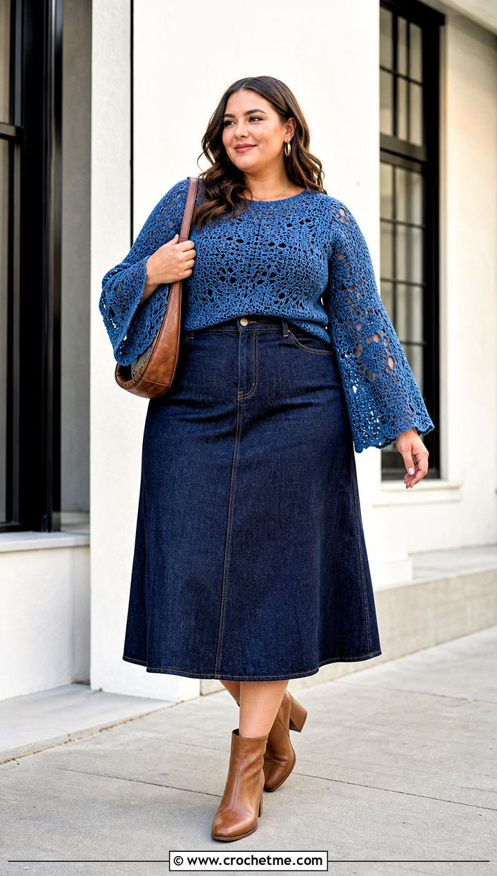 Plus Size Bell Sleeve Crochet Top With Denim Midi Skirt - 25 Crochet Tops Plus Size outfit ideas