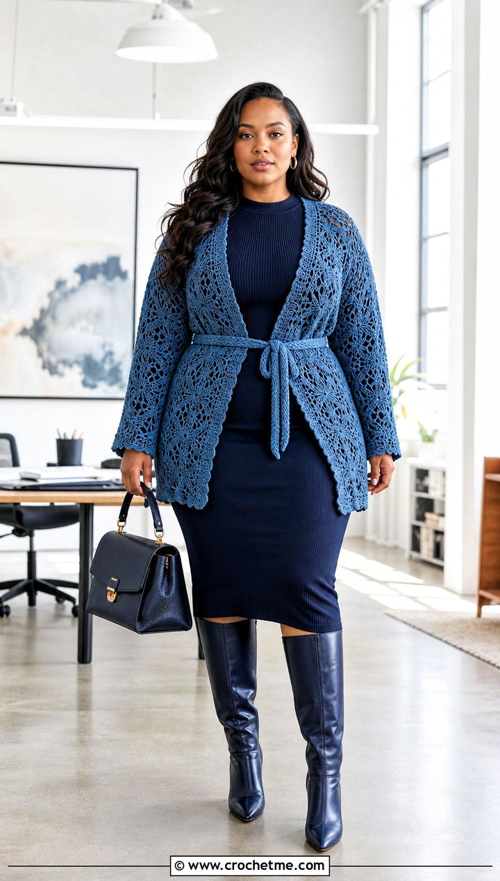 Plus Size Belted Crochet Cardigan With Knit Midi Dress - 35 plus size crochet cardigan outfit ideas