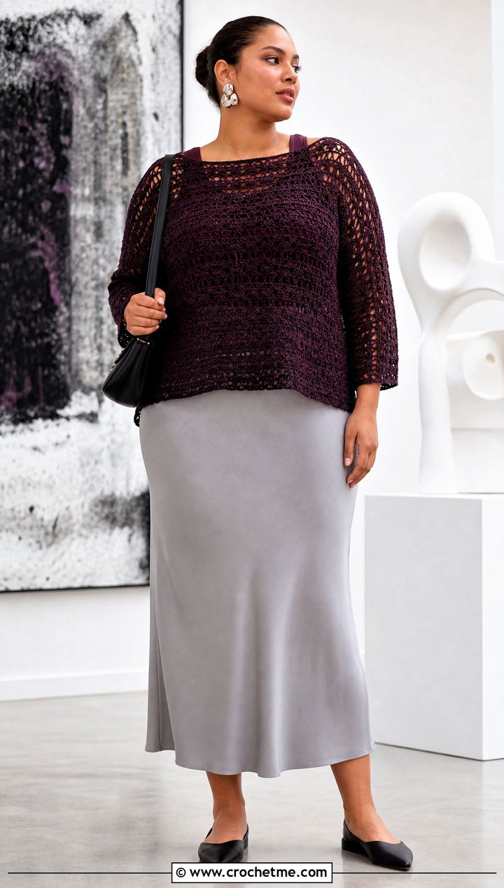 Plus Size Boat Neck Crochet Top With Column Skirt - 25 Crochet Tops Plus Size outfit ideas