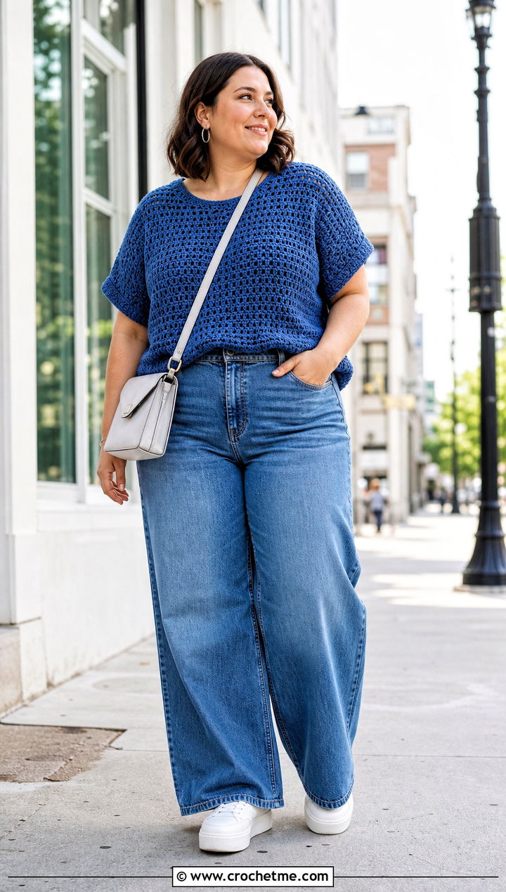 Plus Size Boxy Crochet Tee With Wide Leg Jeans - 20 Crochet Top Plus Size outfit ideas