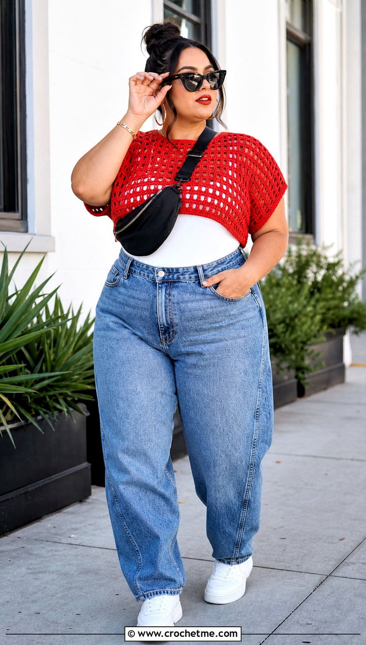 Plus Size Boxy Crop Crochet Top With High Rise Jeans - 25 Crochet Tops Plus Size outfit ideas