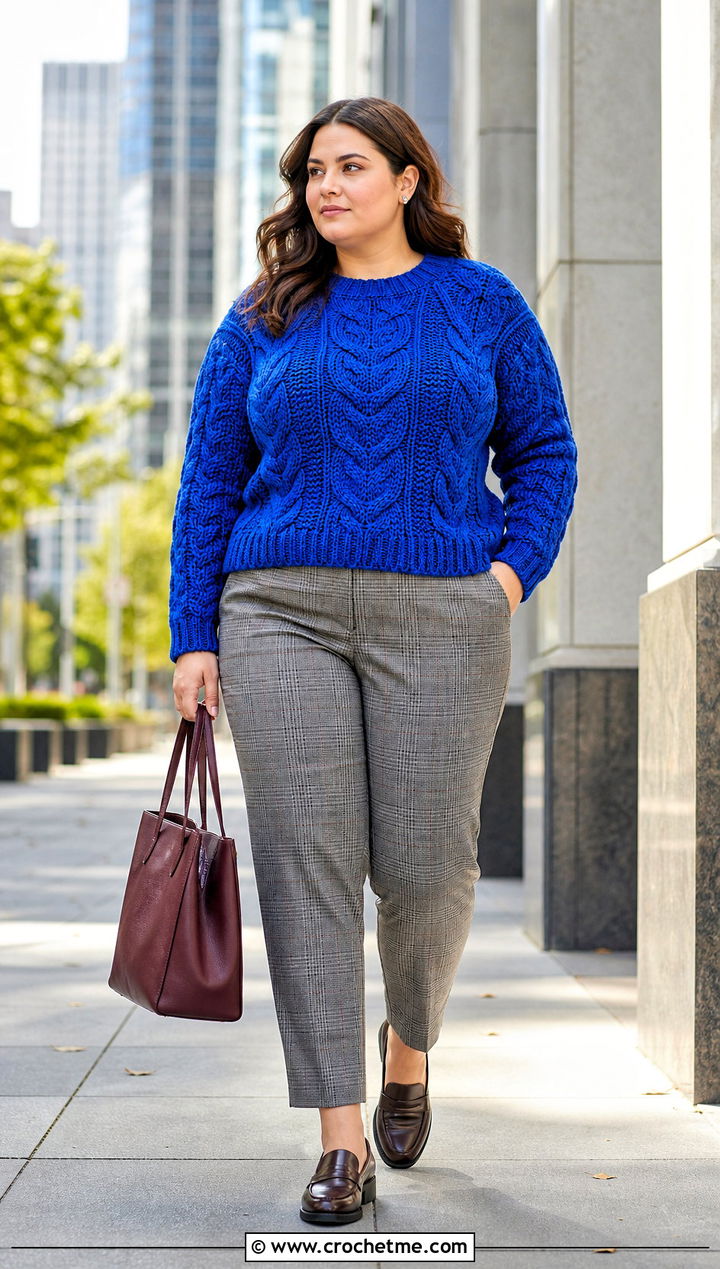 Plus Size Cable Look Crochet Sweater With Plaid Trousers - 30 plus size crochet sweater outfit ideas