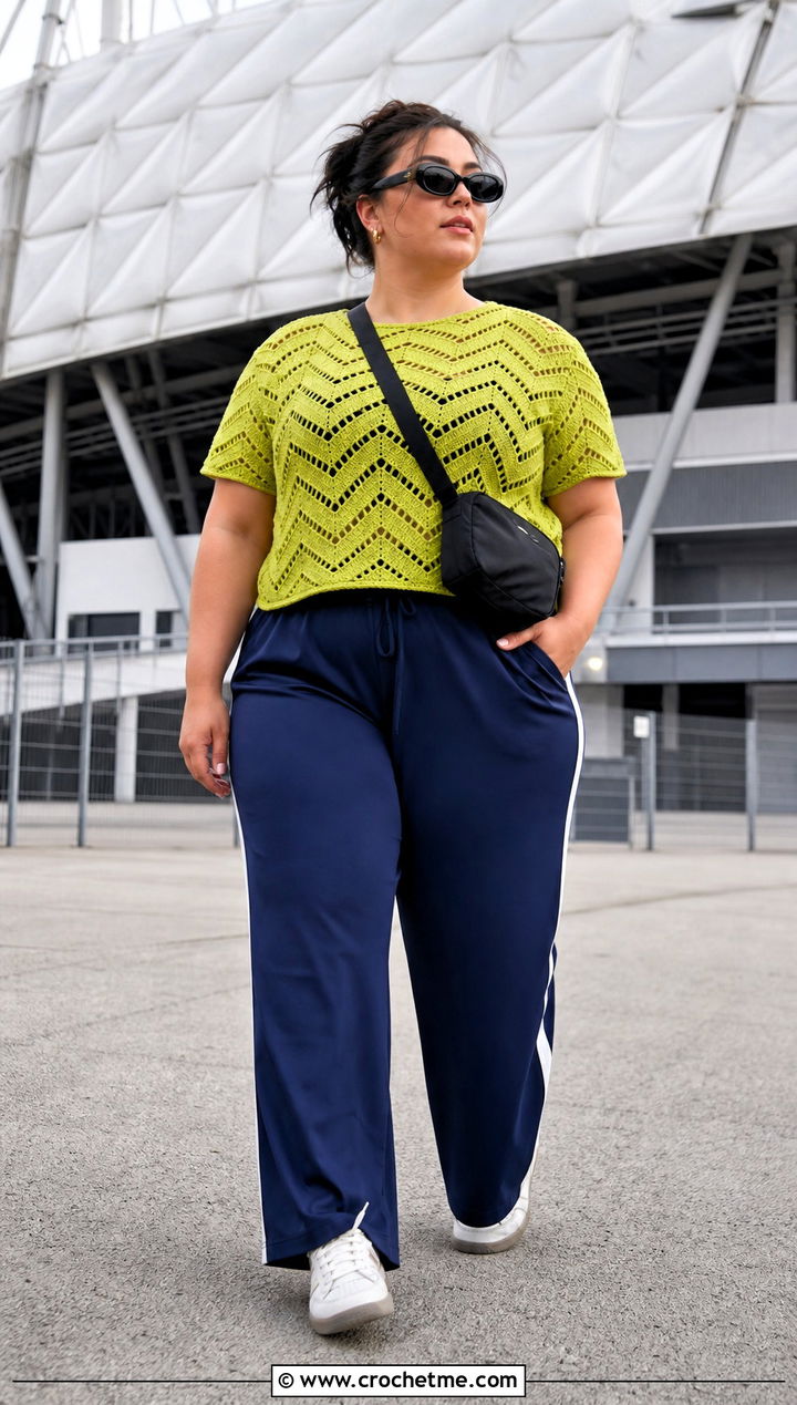 Plus Size Chevron Crochet Top With Track Pants - 20 Crochet Top Plus Size outfit ideas