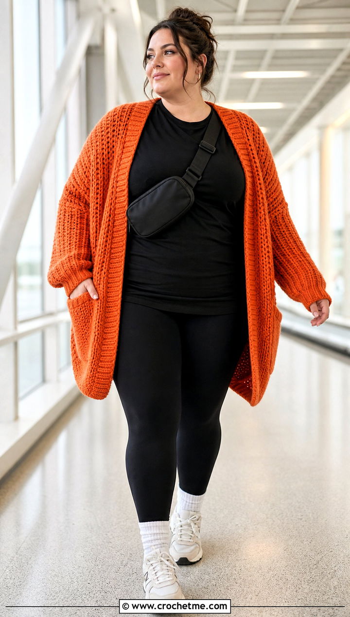 Plus Size Chunky Crochet Cardigan With Leggings - 35 plus size crochet cardigan outfit ideas