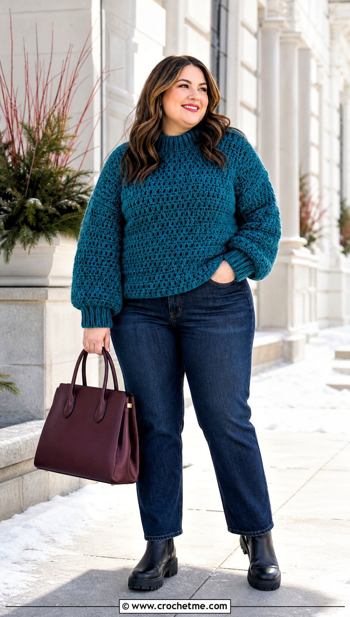 Plus Size Chunky Crochet Sweater With Straight Leg Jeans - 30 plus size crochet sweater outfit ideas