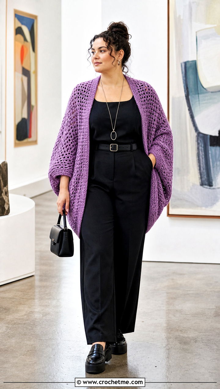 Plus Size Cocoon Crochet Cardigan With Monochrome Jumpsuit - 35 plus size crochet cardigan outfit ideas