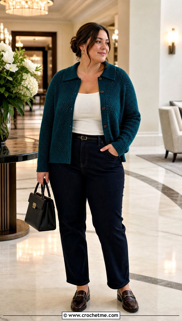 Plus Size Collared Crochet Cardigan With Dark Wash Jeans - 35 plus size crochet cardigan outfit ideas