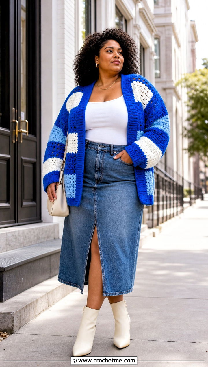 Plus Size Color Block Crochet Cardigan With Denim Midi Skirt - 35 plus size crochet cardigan outfit ideas