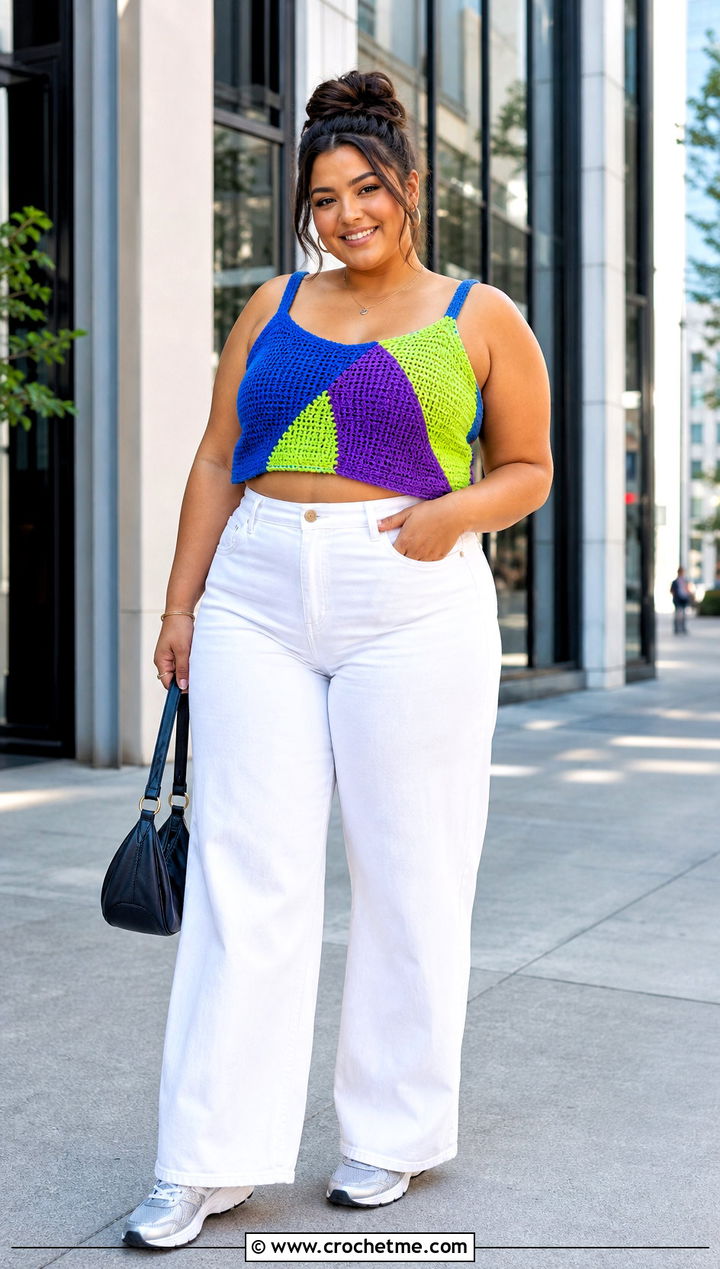 Plus Size Color Block Crochet Crop Top With White Jeans - 25 Crochet Crop Top Plus Size outfit ideas