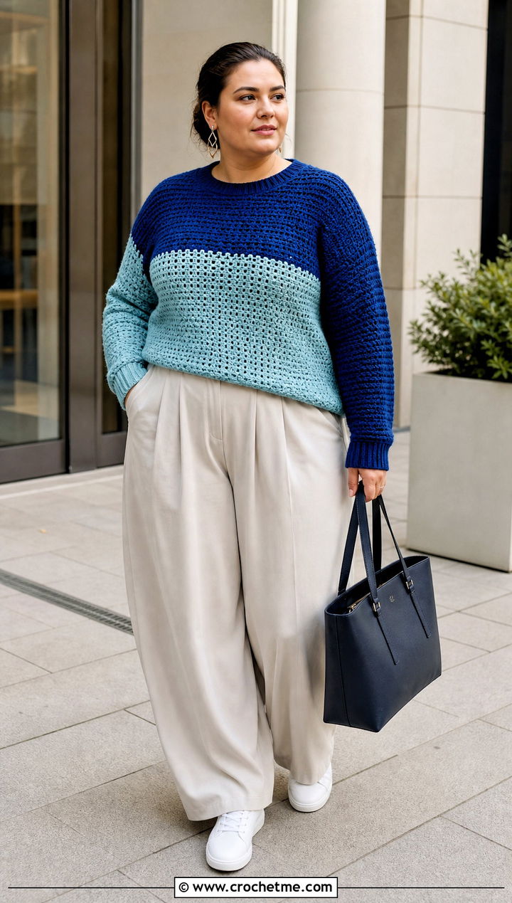 Plus Size Color Block Crochet Sweater With Pleated Pants - 30 plus size crochet sweater outfit ideas