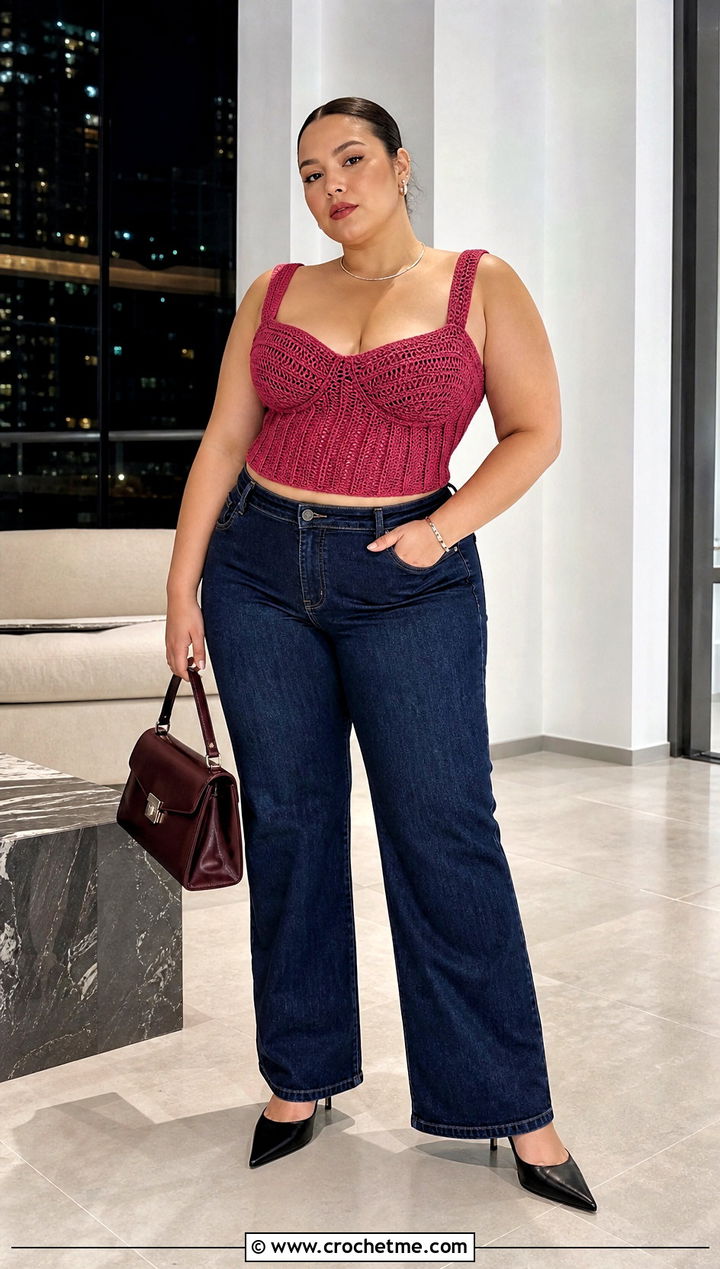 Plus Size Corset Crochet Crop Top With Trouser Jeans - 25 Crochet Crop Top Plus Size outfit ideas