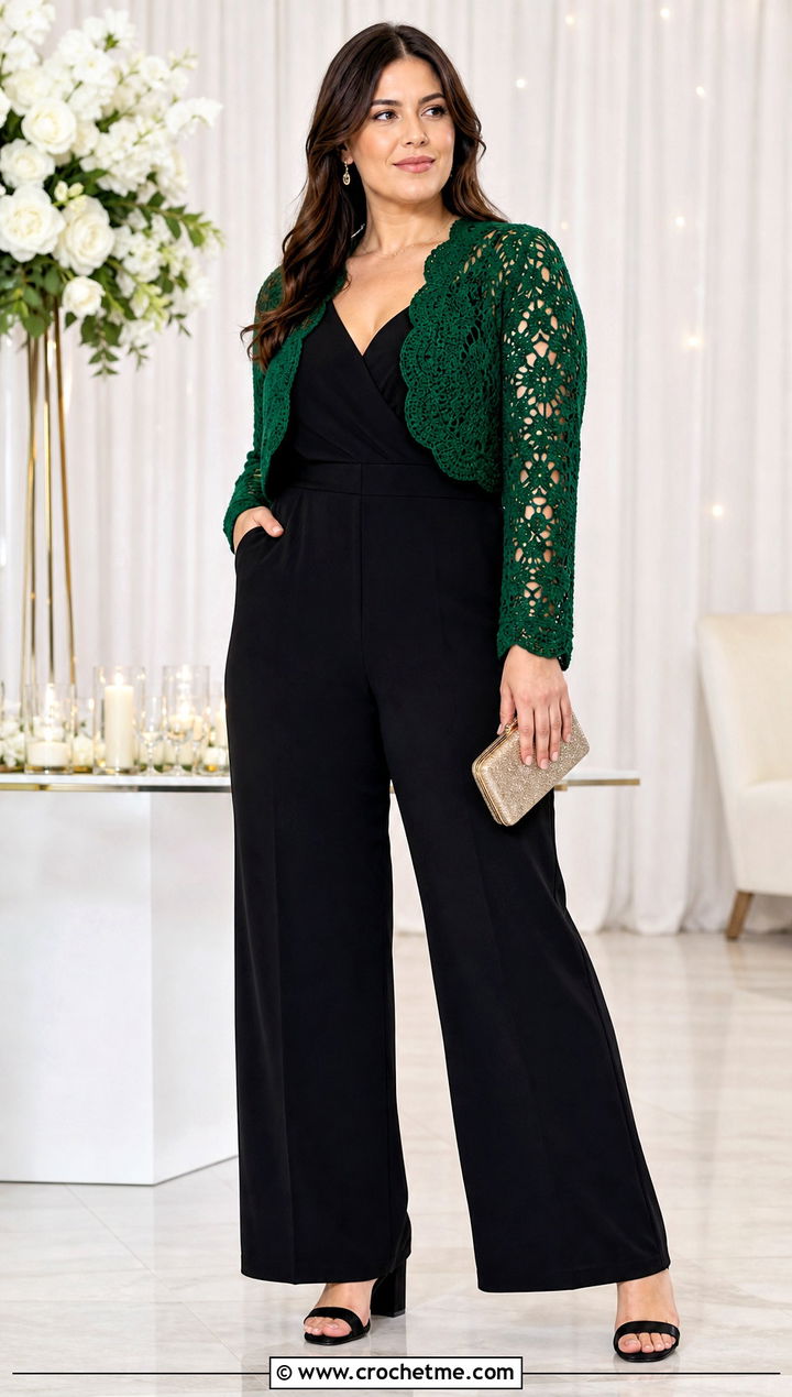 Plus Size Crochet Bolero Cardigan With Sleeveless Jumpsuit - 35 plus size crochet cardigan outfit ideas