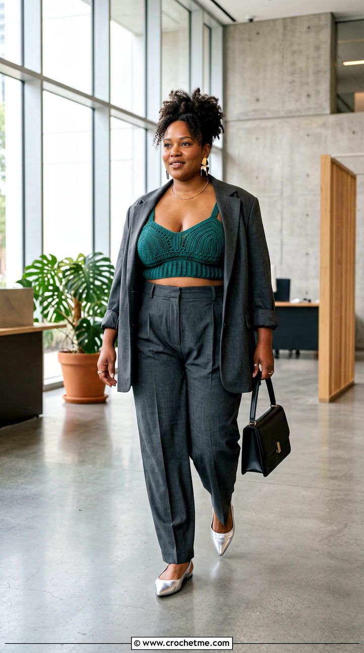 Plus Size Crochet Bralette Crop Top With Oversized Blazer - 25 Crochet Crop Top Plus Size outfit ideas