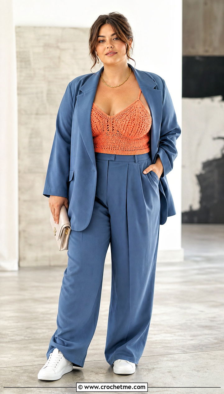 Plus Size Crochet Camisole Top With Oversized Suit - 25 Crochet Tops Plus Size outfit ideas