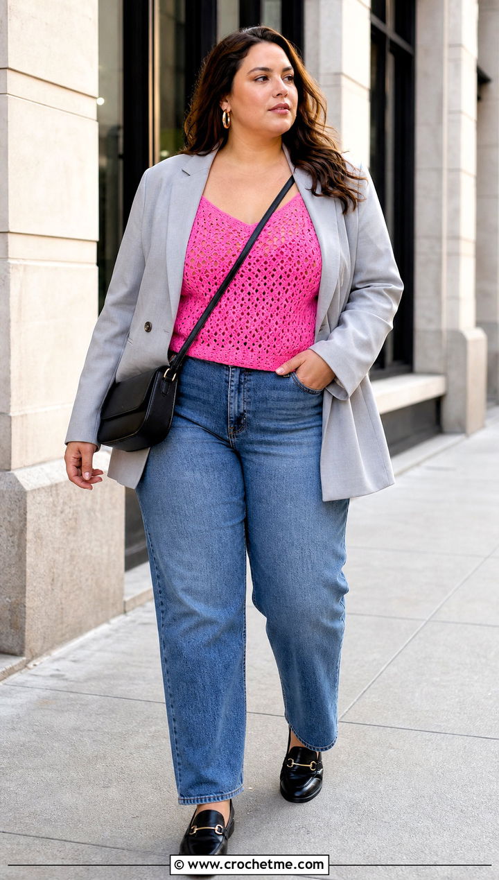 Plus Size Crochet Camisole With Blazer And Jeans - 30 plus size crochet tops outfit ideas