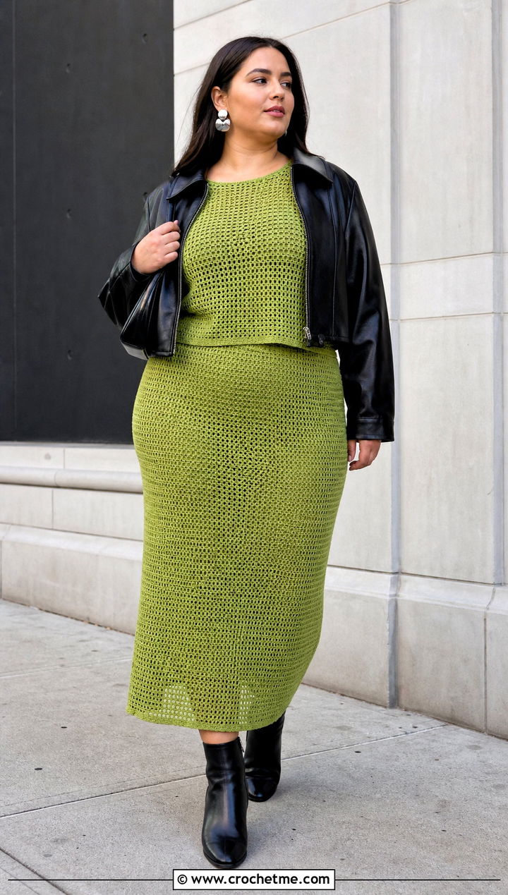 Plus Size Crochet Co Ord Set With Leather Jacket - 20 Crochet Clothes Plus Size outfit ideas