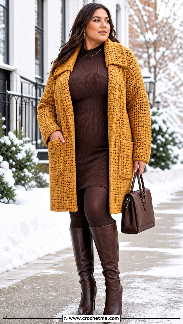 Plus Size Crochet Coatigan With Sweater Dress - 35 plus size crochet cardigan outfit ideas