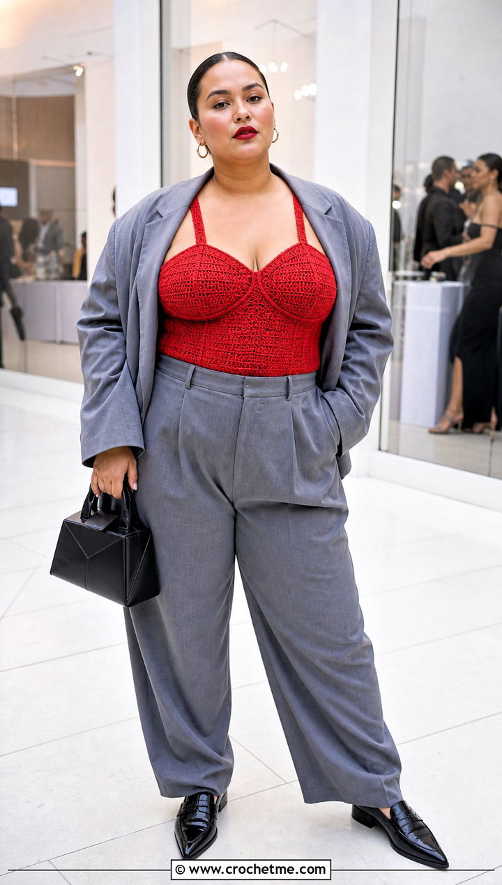 Plus Size Crochet Corset Top With Oversized Suit - 30 plus size crochet tops outfit ideas