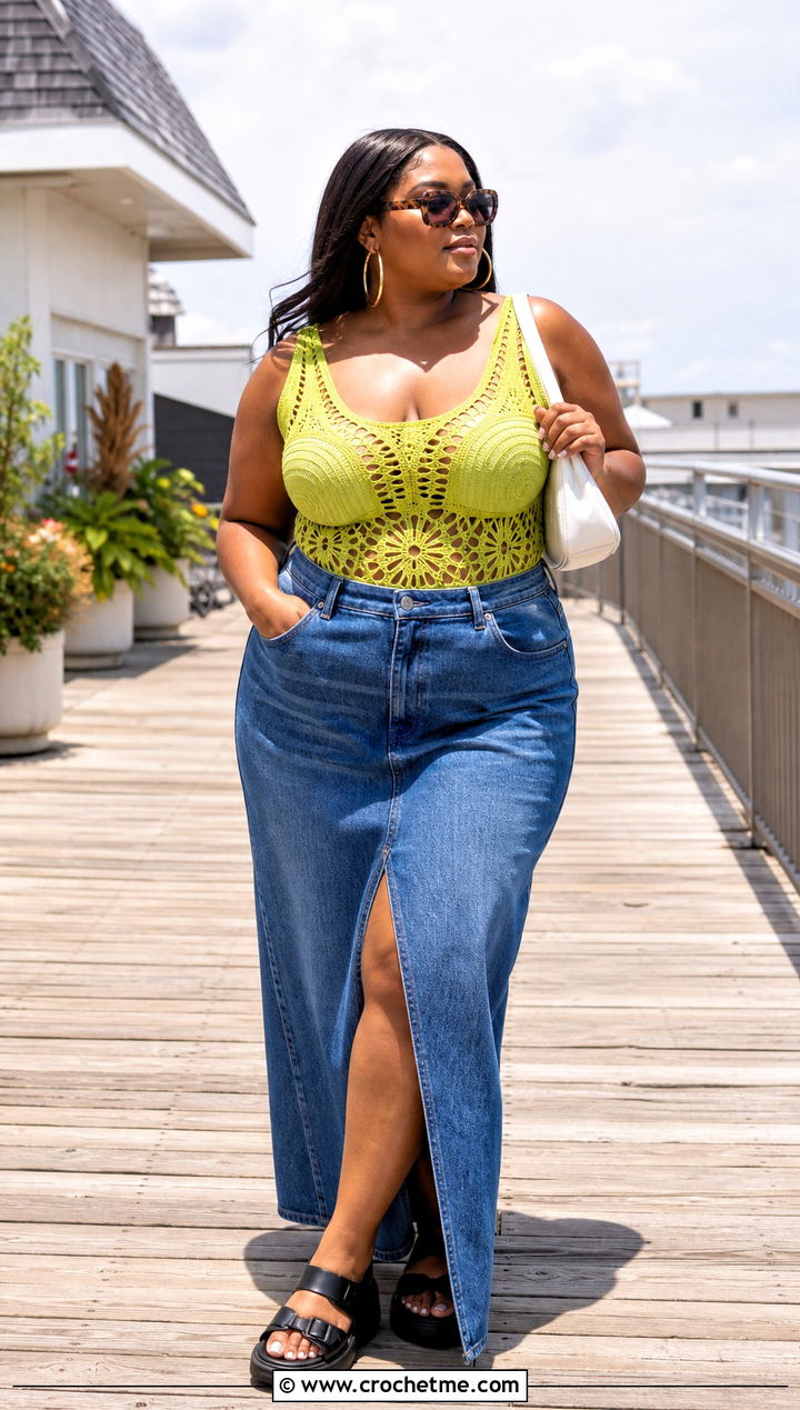 Plus Size Crochet Cutout One Piece With Denim Maxi Skirt - 25 plus size crochet swimwear outfit ideas
