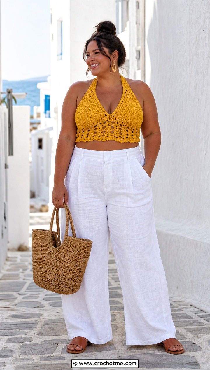 Plus Size Crochet Halter Crop Top With Linen Pants - 25 Crochet Crop Top Plus Size outfit ideas
