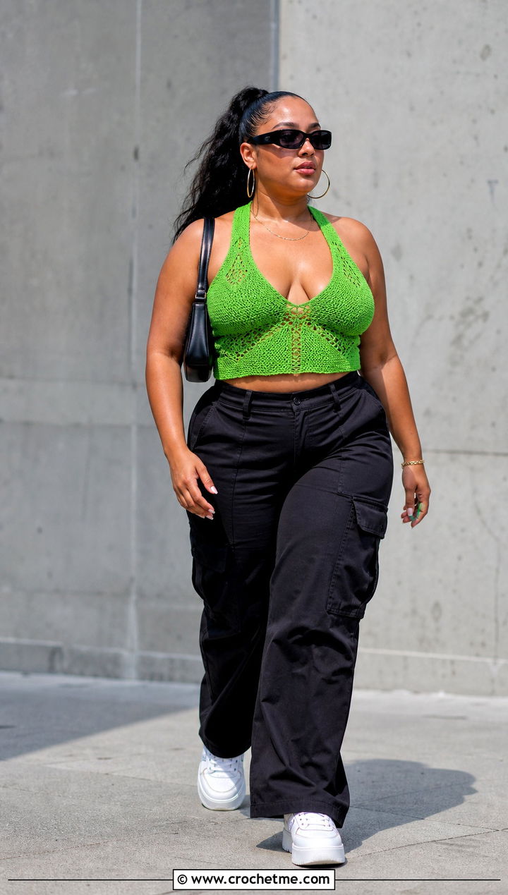 Plus Size Crochet Halter Top With Cargo Pants - 30 plus size crochet tops outfit ideas