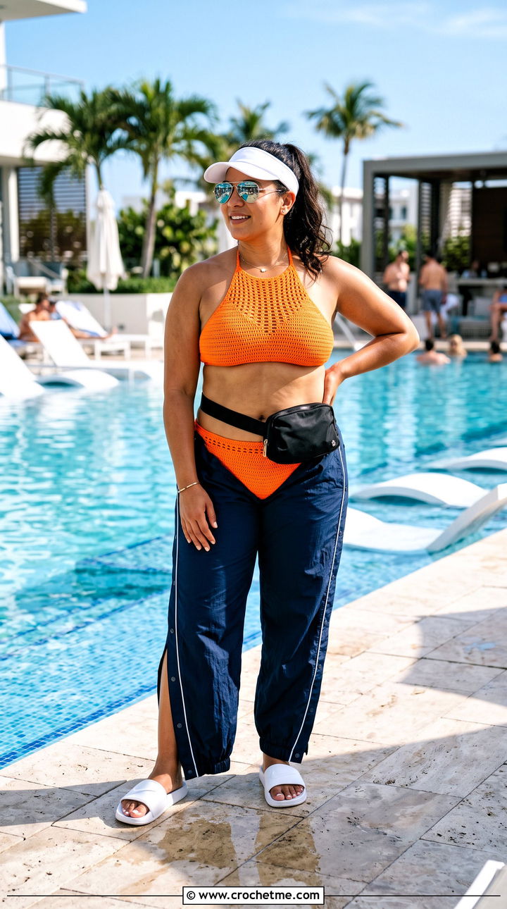 Plus Size Crochet High Neck Bikini With Track Pants - 25 plus size crochet swimwear outfit ideas