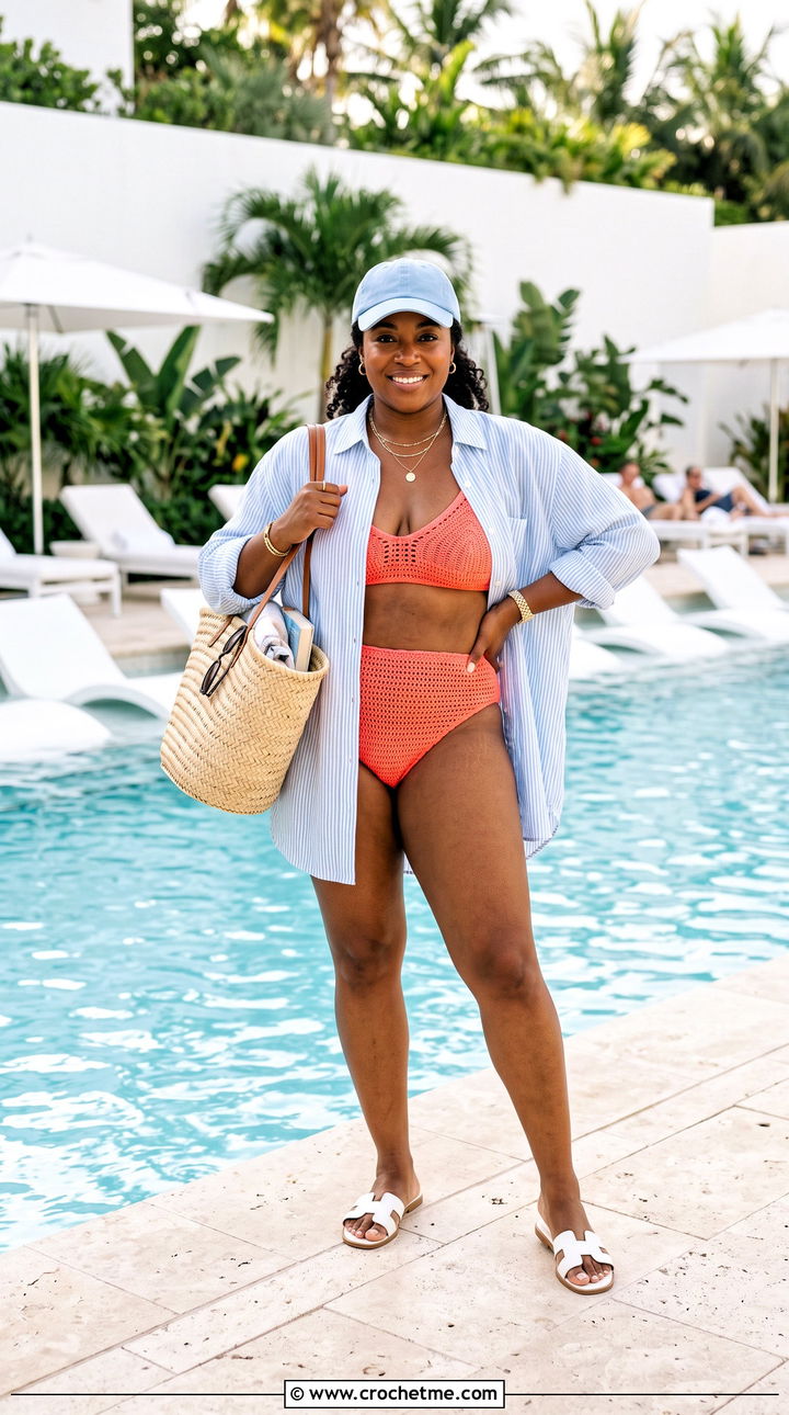 Plus Size Crochet High Waisted Bikini With Oversized Shirt - 25 plus size crochet swimwear outfit ideas