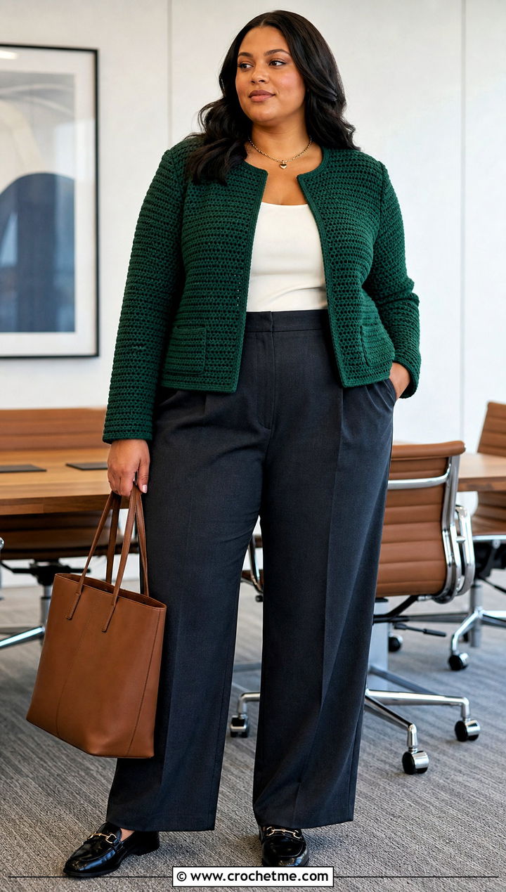 Plus Size Crochet Jacket With Pleated Trousers - 20 Crochet Clothes Plus Size outfit ideas