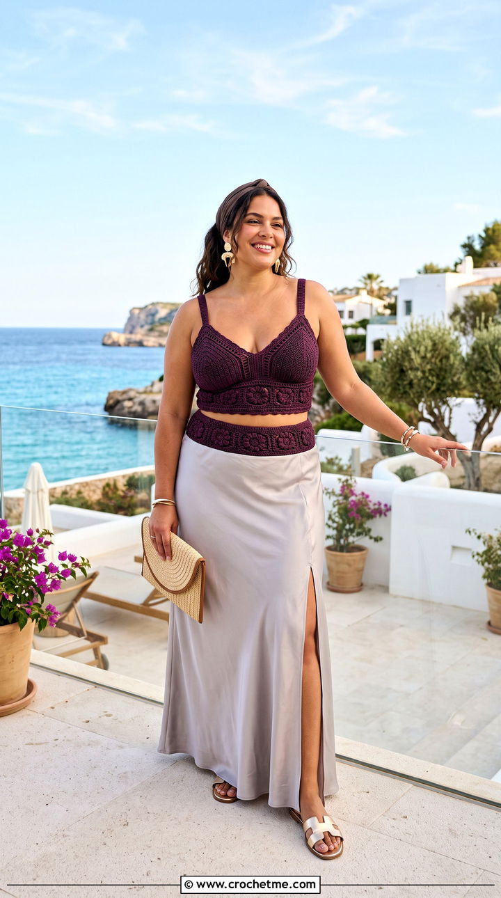 Plus Size Crochet Longline Bikini With Satin Maxi Skirt - 25 plus size crochet swimwear outfit ideas