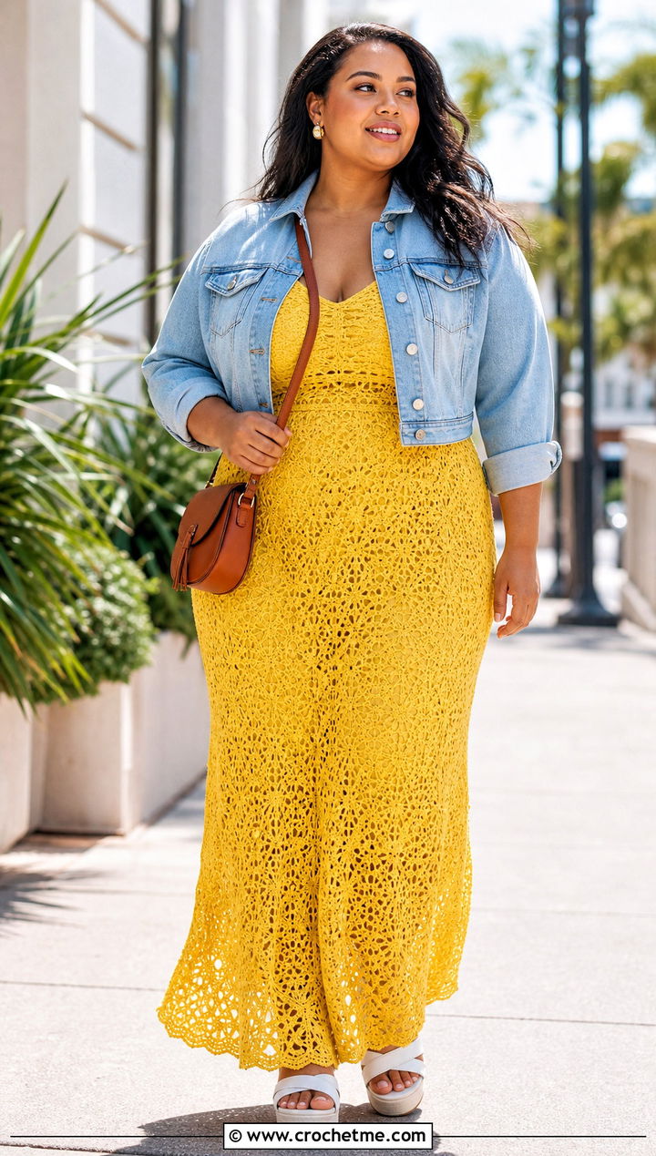 Plus Size Crochet Maxi Dress With A Denim Jacket - 15 Plus Size Crochet Clothes and outfit ideas