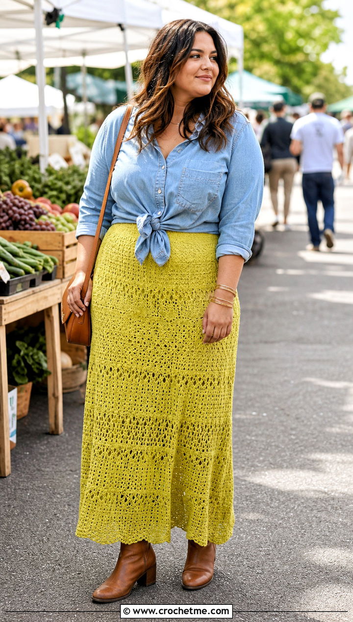 Plus Size Crochet Maxi Skirt With Denim Shirt - 20 Crochet Clothes Plus Size outfit ideas