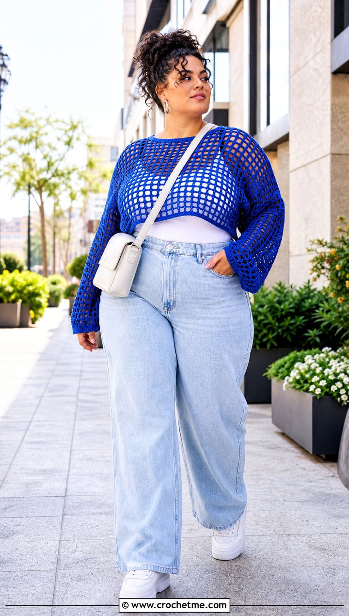 Plus Size Crochet Mesh Top With Wide Leg Jeans - 20 Crochet Clothes Plus Size outfit ideas