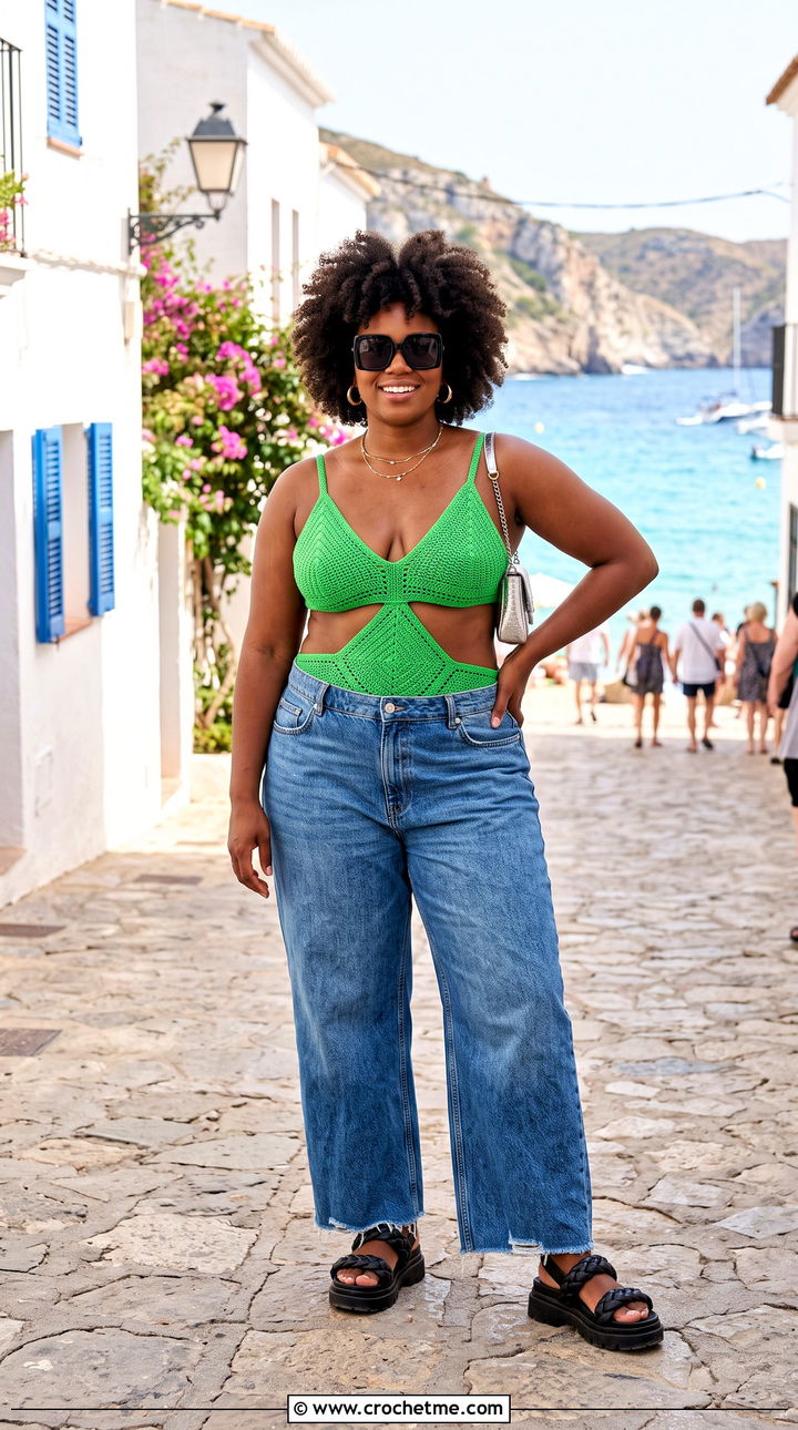 Plus Size Crochet Monokini With Wide Leg Jeans - 25 plus size crochet swimwear outfit ideas
