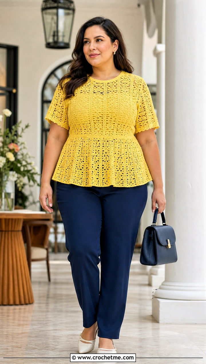 Plus Size Crochet Peplum Top With Straight Leg Pants - 25 Crochet Tops Plus Size outfit ideas