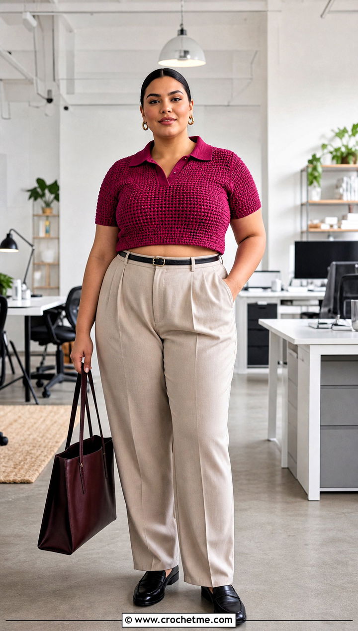 Plus Size Crochet Polo Crop Top With Pleated Trousers - 25 Crochet Crop Top Plus Size outfit ideas