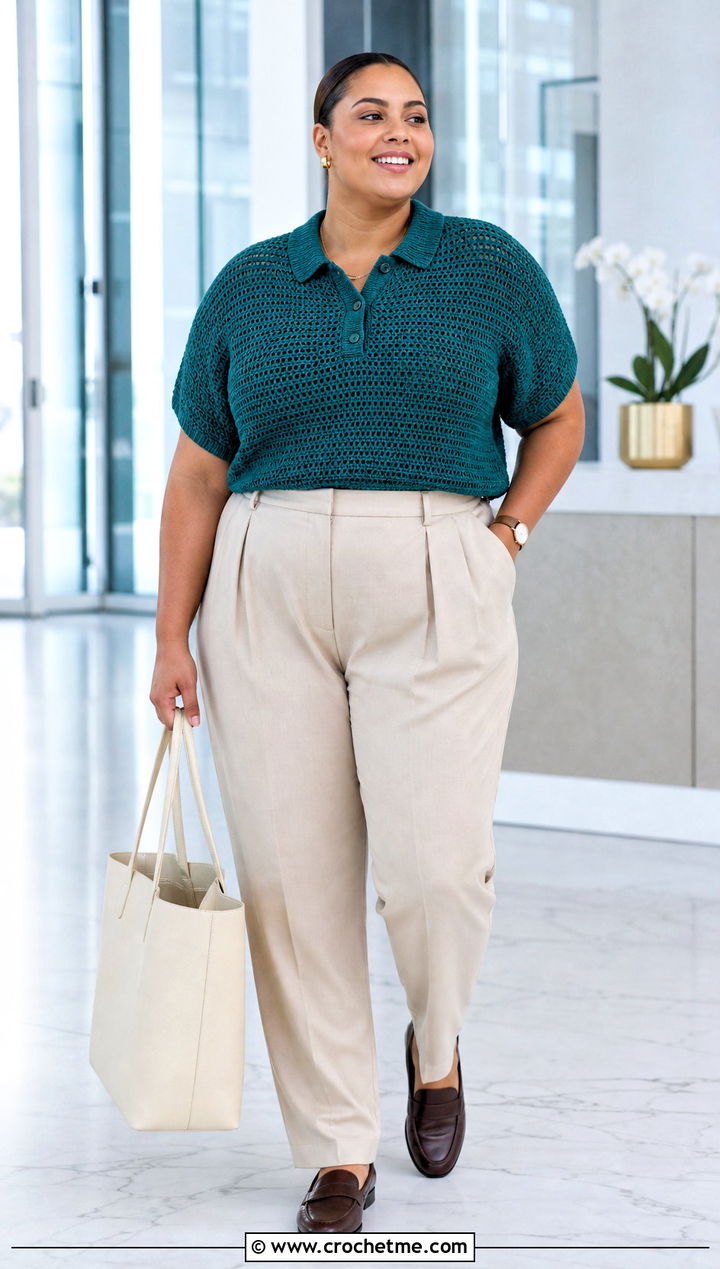 Plus Size Crochet Polo Top With Pleated Work Pants - 20 Crochet Top Plus Size outfit ideas