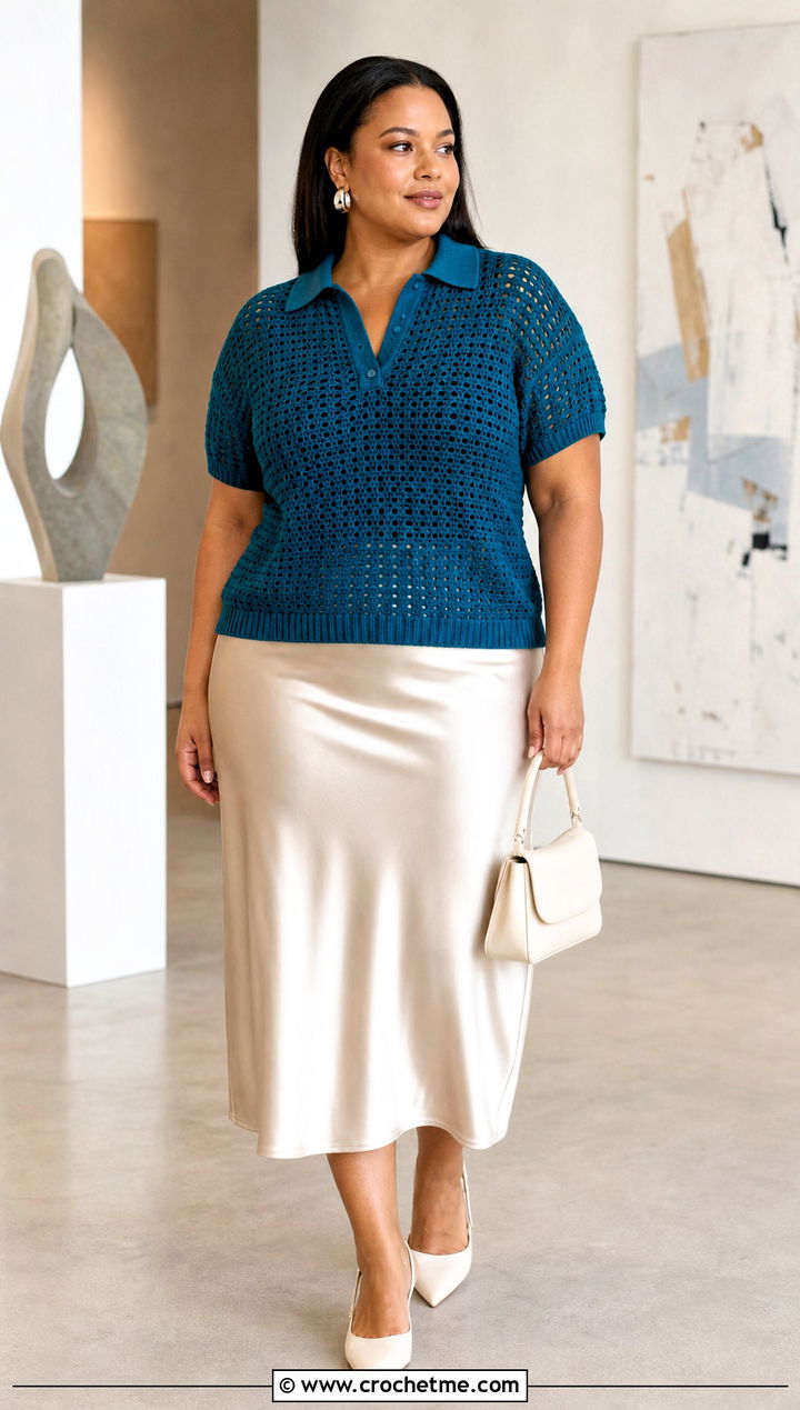 Plus Size Crochet Polo Top With Satin Midi Skirt - 15 Plus Size Crochet Clothes and outfit ideas
