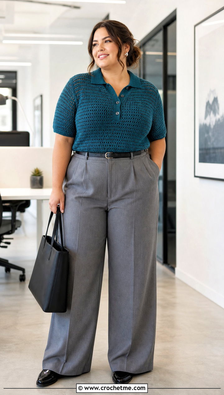 Plus Size Crochet Polo Top With Tailored Trousers - 25 Crochet Tops Plus Size outfit ideas