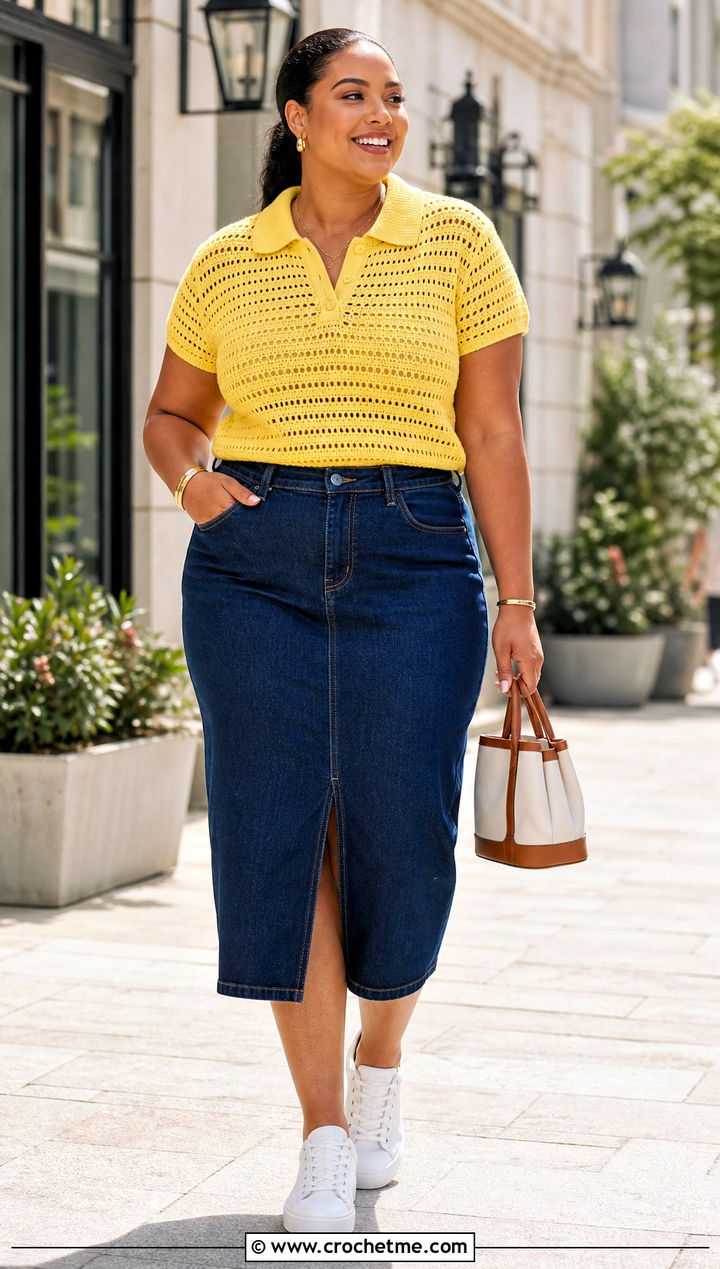 Plus Size Crochet Polo With Denim Midi Skirt - 20 Crochet Clothes Plus Size outfit ideas