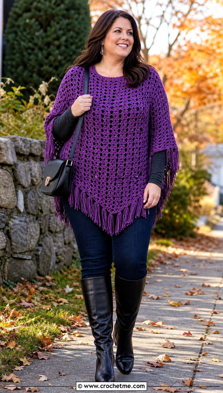 Plus Size Crochet Poncho With Slim Jeans - 20 Crochet Clothes Plus Size outfit ideas