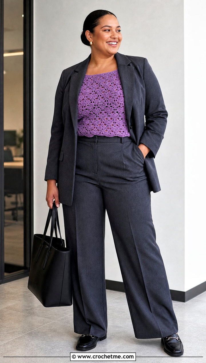 Plus Size Crochet Shell Top With Blazer And Trousers - 25 Crochet Tops Plus Size outfit ideas