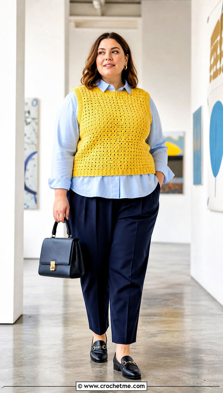 Plus Size Crochet Sweater Vest With Button Down Shirt - 30 plus size crochet tops outfit ideas