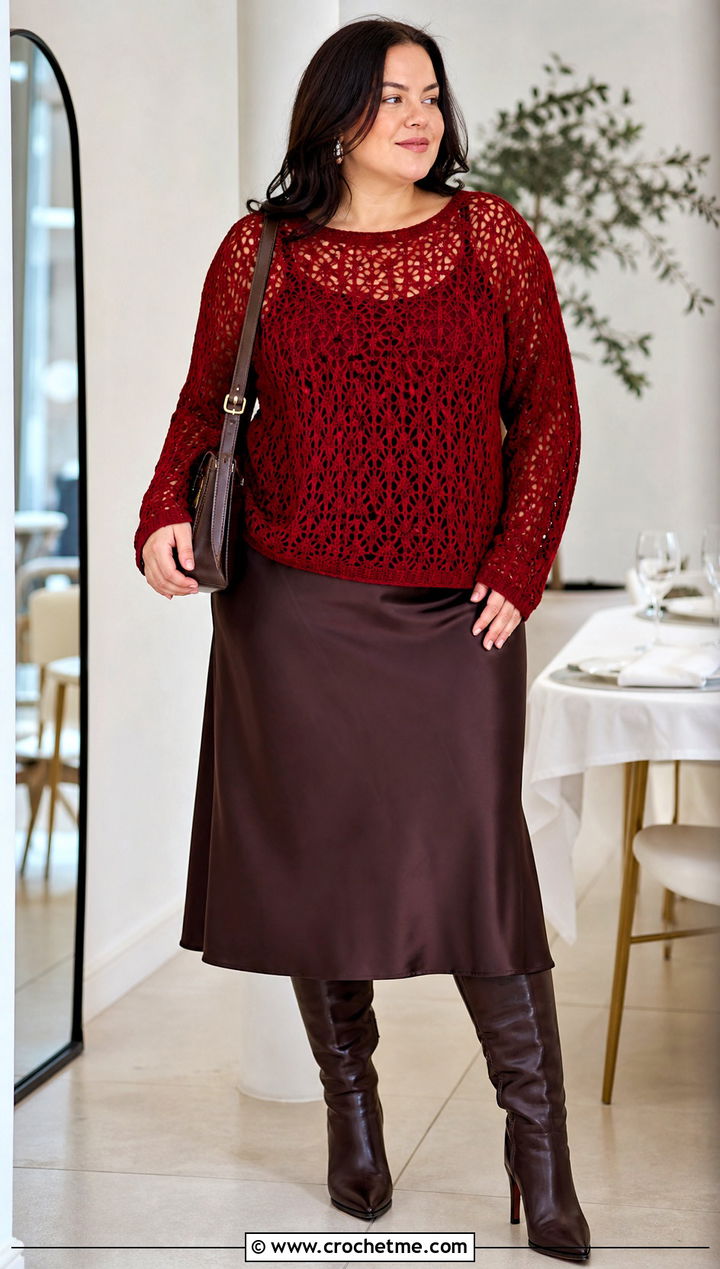 Plus Size Crochet Sweater With Satin Midi Skirt - 20 Crochet Clothes Plus Size outfit ideas
