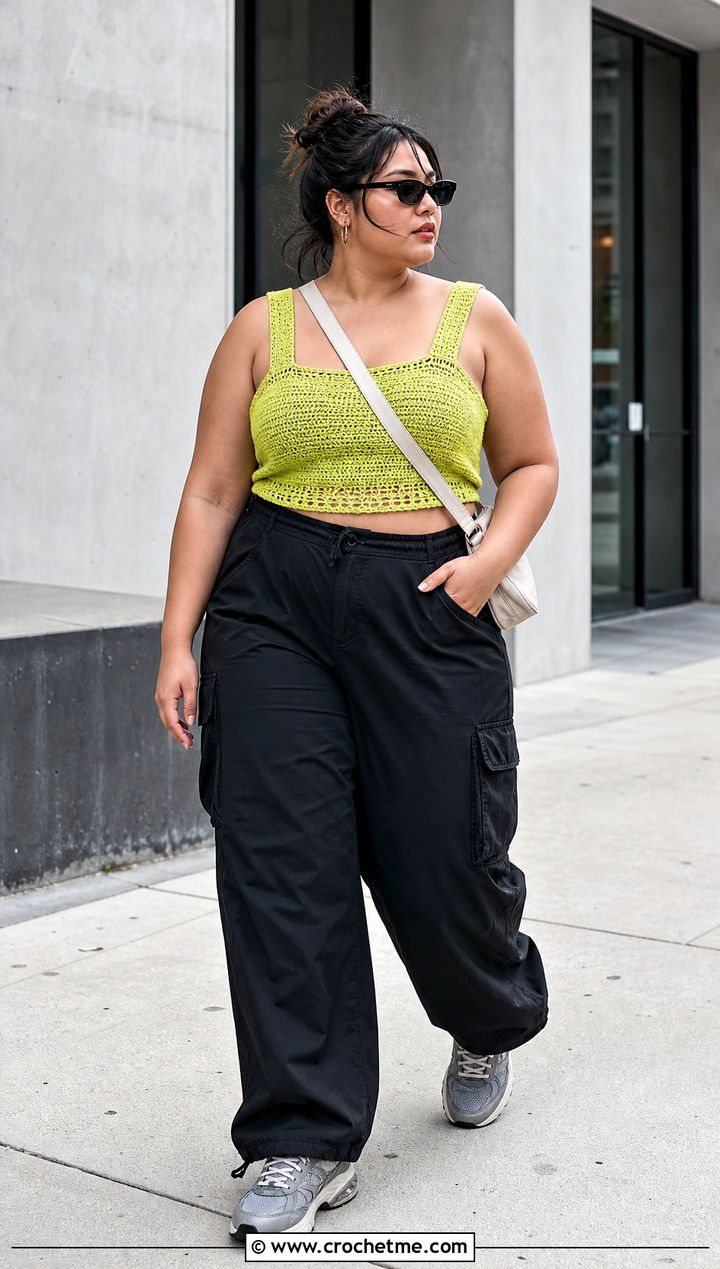 Plus Size Crochet Tank Crop Top With Cargo Pants - 25 Crochet Crop Top Plus Size outfit ideas