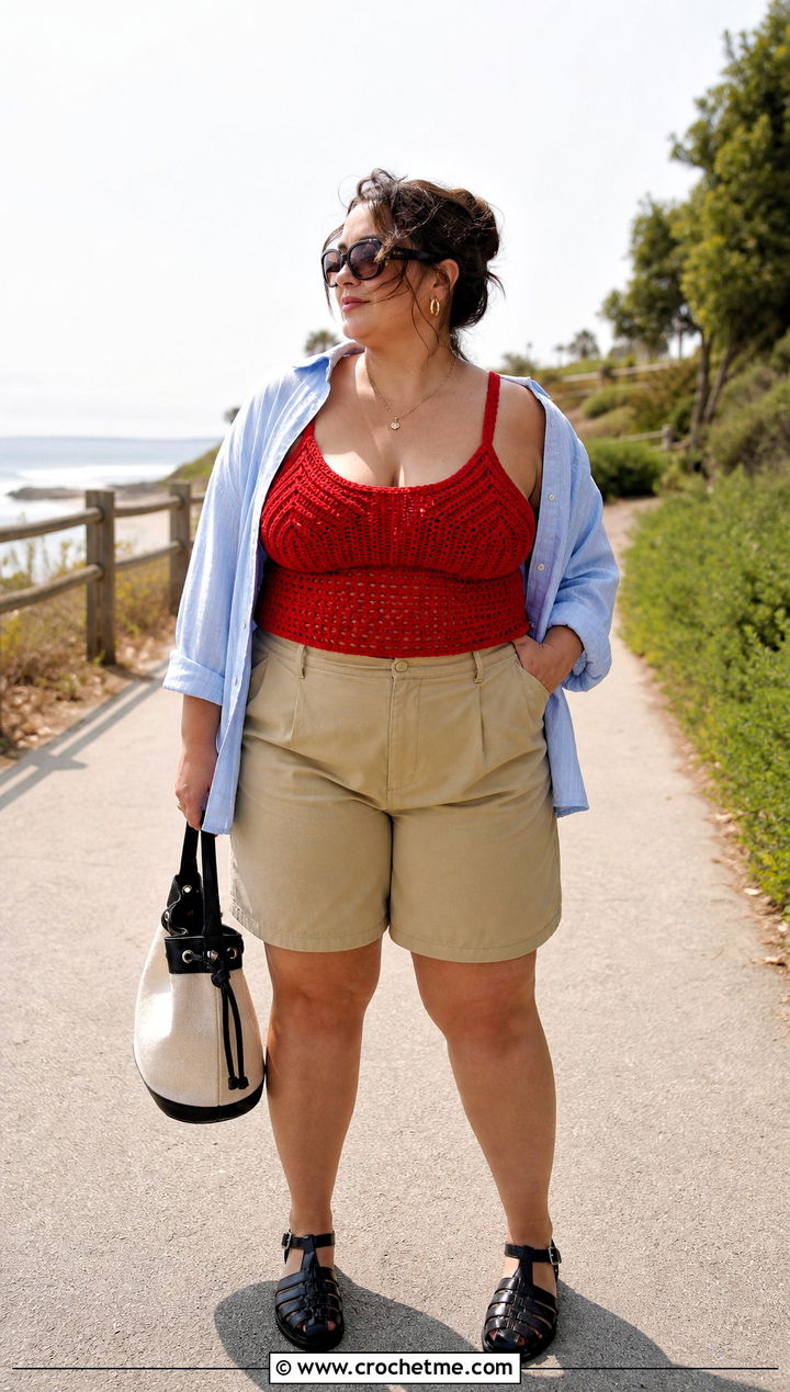 Plus Size Crochet Tankini With Bermuda Shorts - 25 plus size crochet swimwear outfit ideas